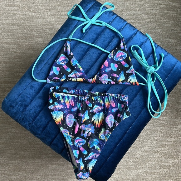 Freedom Rave Wear Other - Multicolor Jellyfish Print Bandeau Bikini Top in Black with Teal Ties